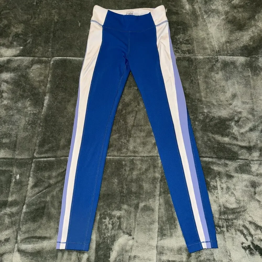 Athleta Girl Leggings M/8-10 Blue White Striped‎ Stretch Activewear Pull-On